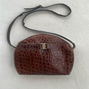 Salvador Ferragamo cross body bag purse leather embossed vintage. Croc brown